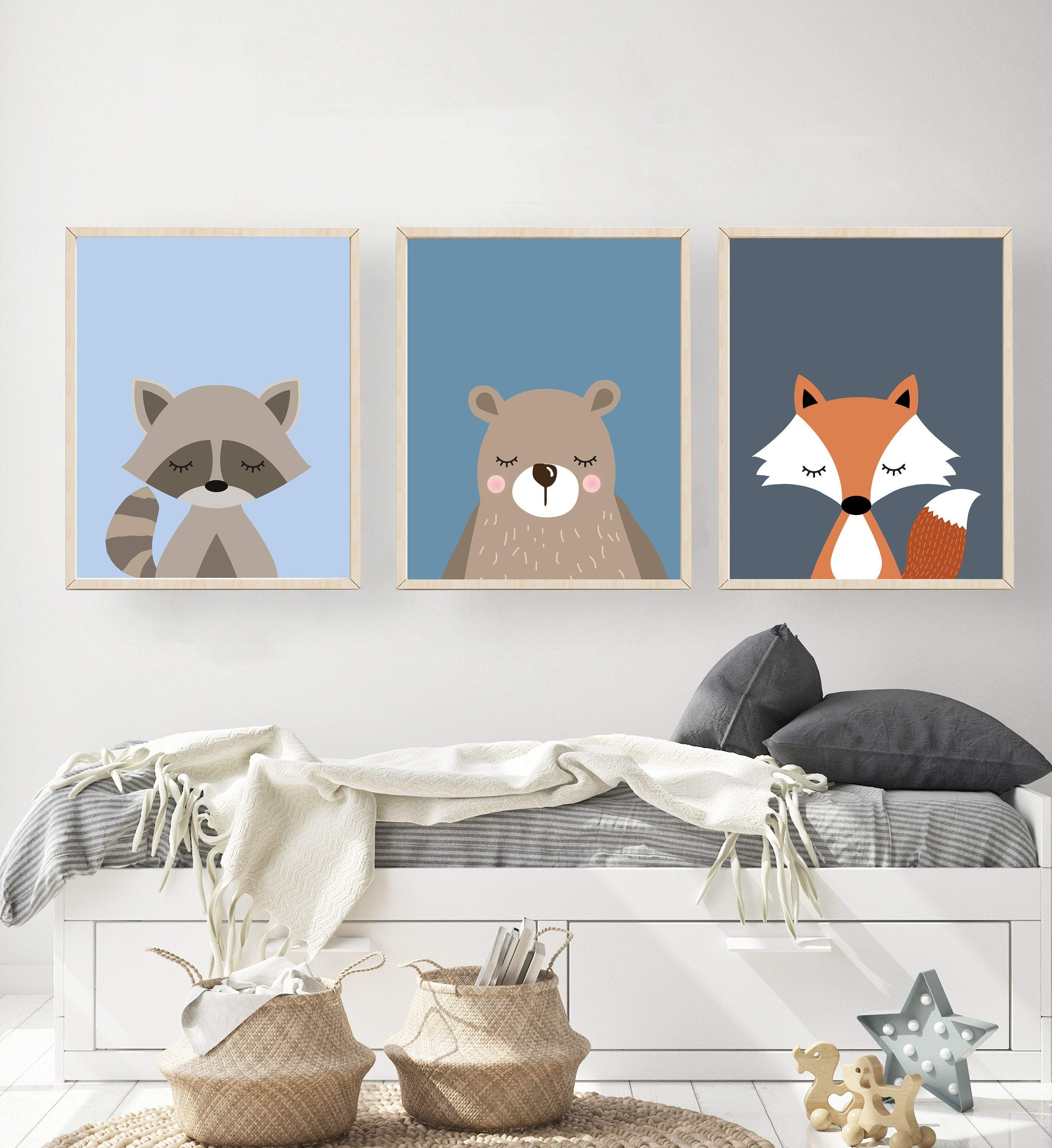 Printable nursery wall art - Boys room decor - Boys room wall art - Boy woodland nursery decor - Blue nursery decor - Bear Raccoon Fox nursery art print baby nursery bedroom decor