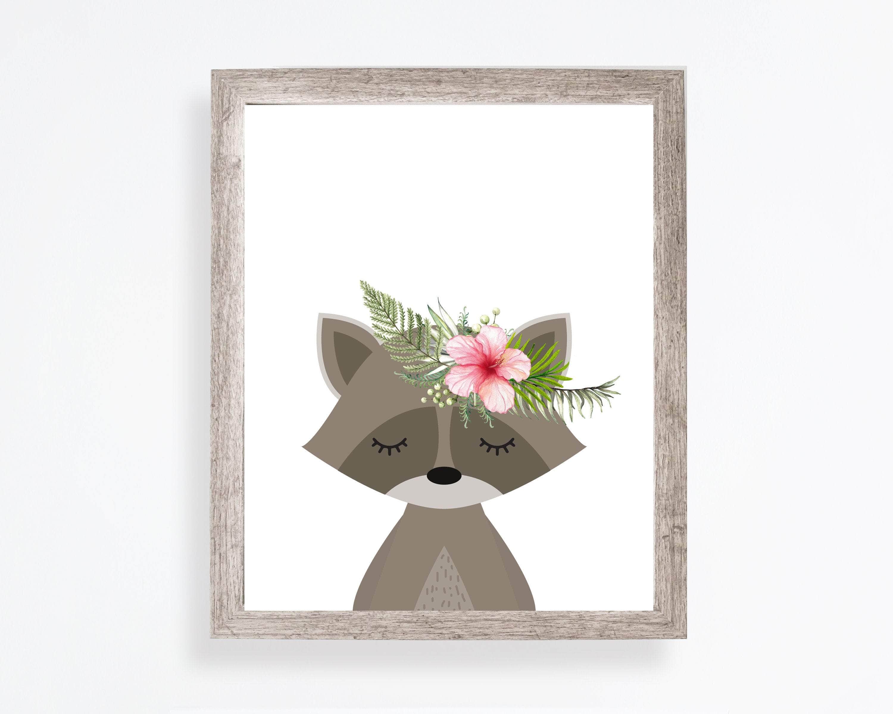 Raccoon print - Woodland nursery - Woodland decor - Nursery animals - Printable nursery art - Nursery wall art - Flower crown animals nursery art print baby nursery bedroom decor