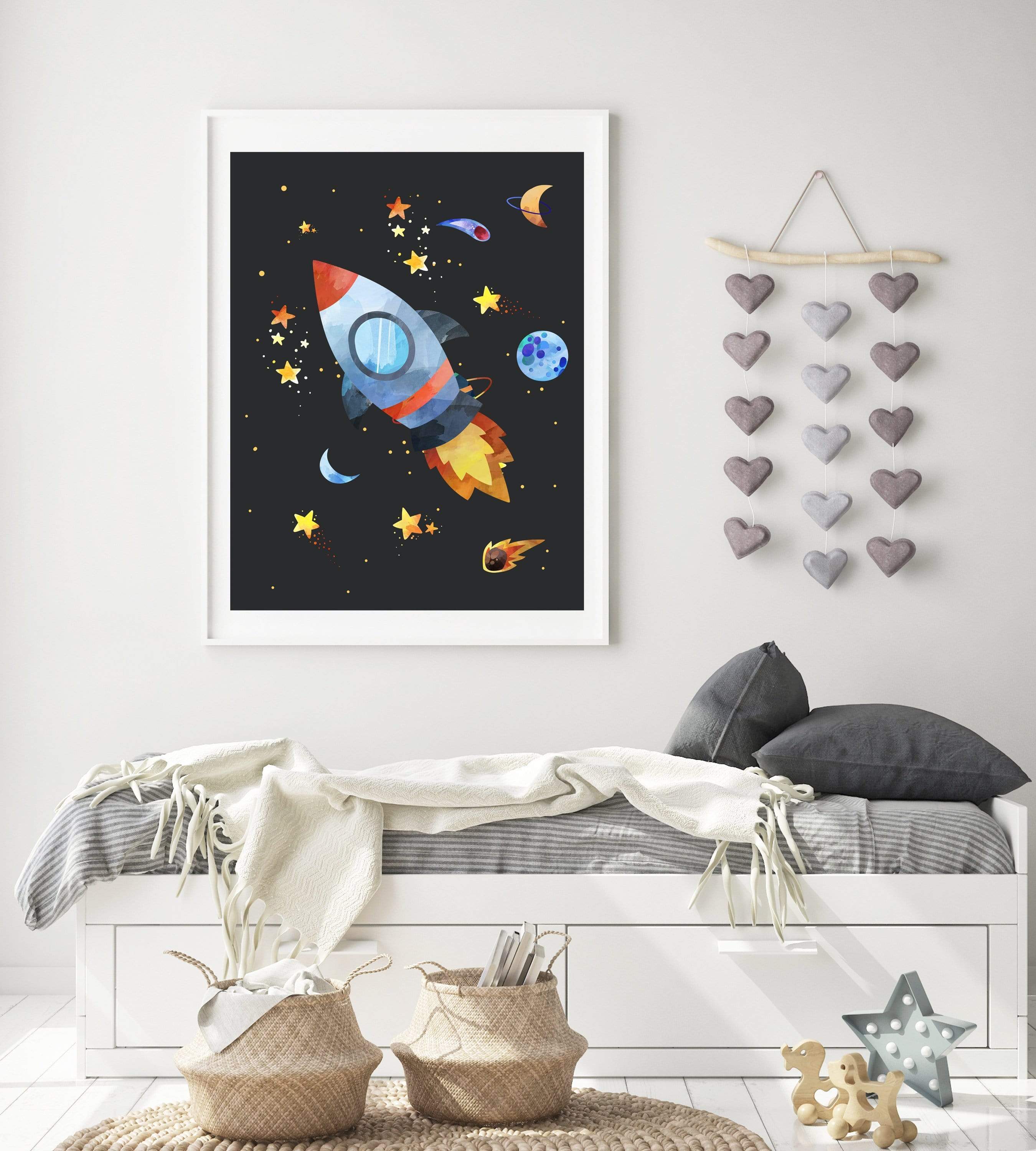 Rocket Ship in Space nursery art print baby nursery bedroom decor