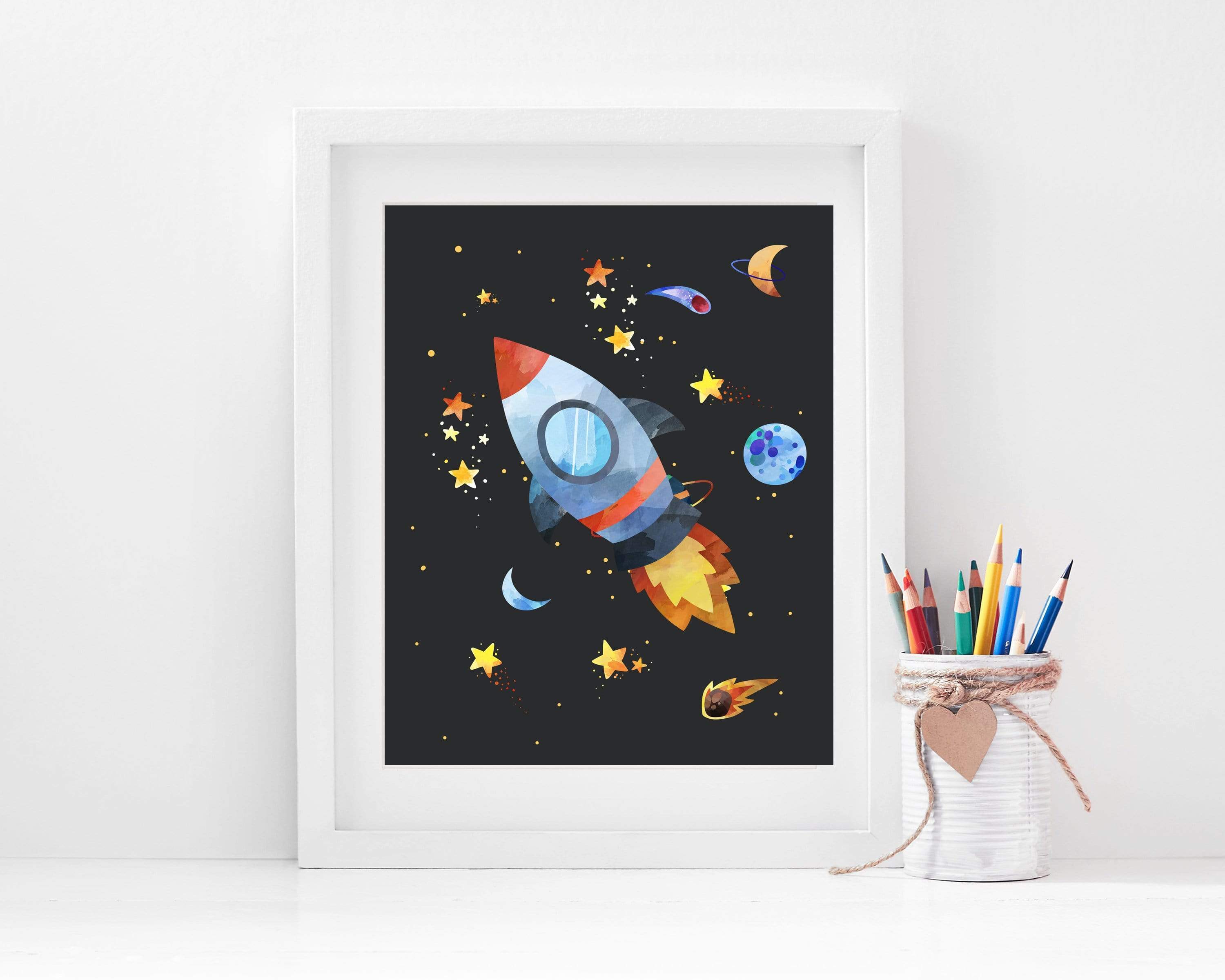 Rocket Ship in Space nursery art print baby nursery bedroom decor