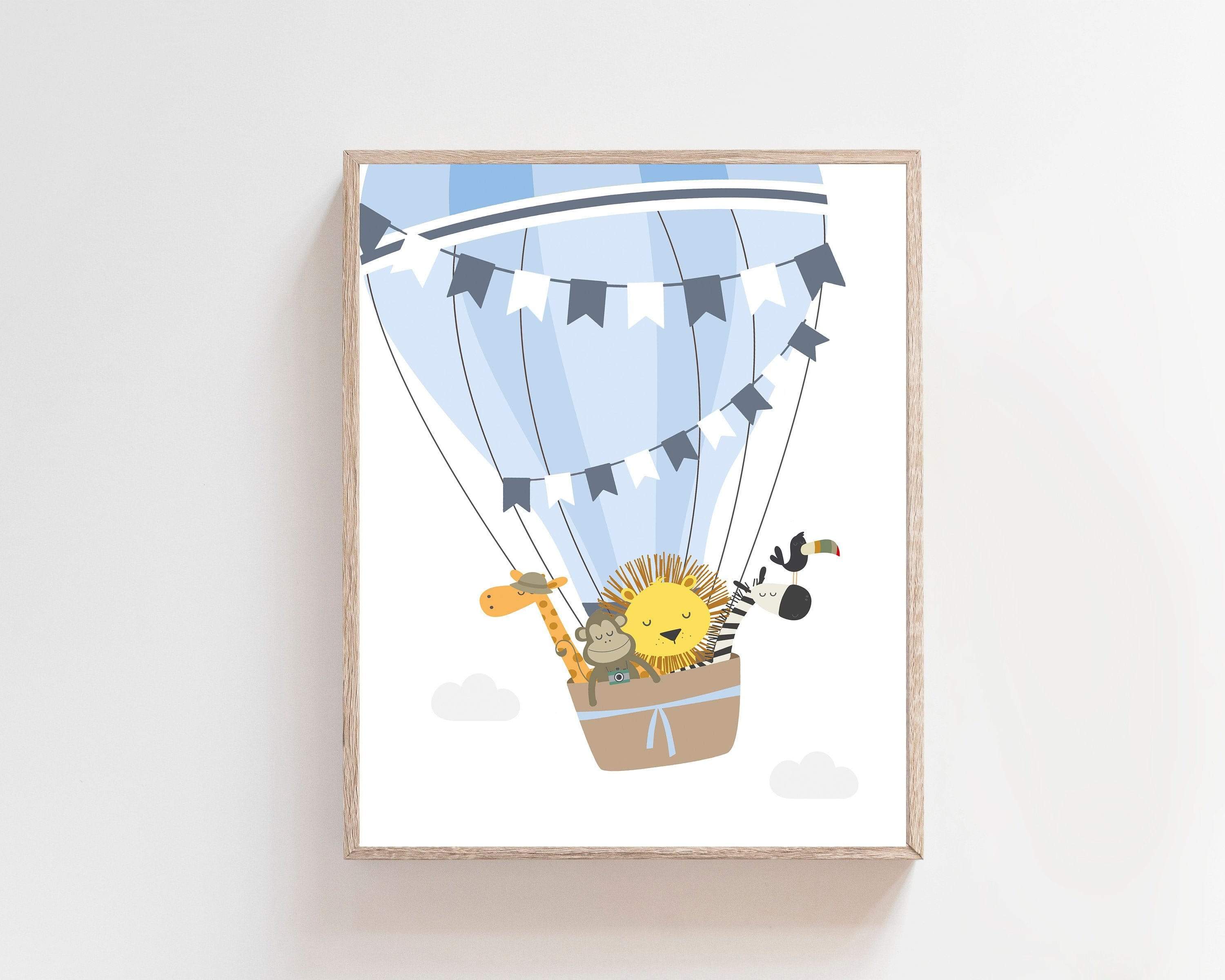 Safari Animals in a Hot air balloon nursery art print baby nursery bedroom decor
