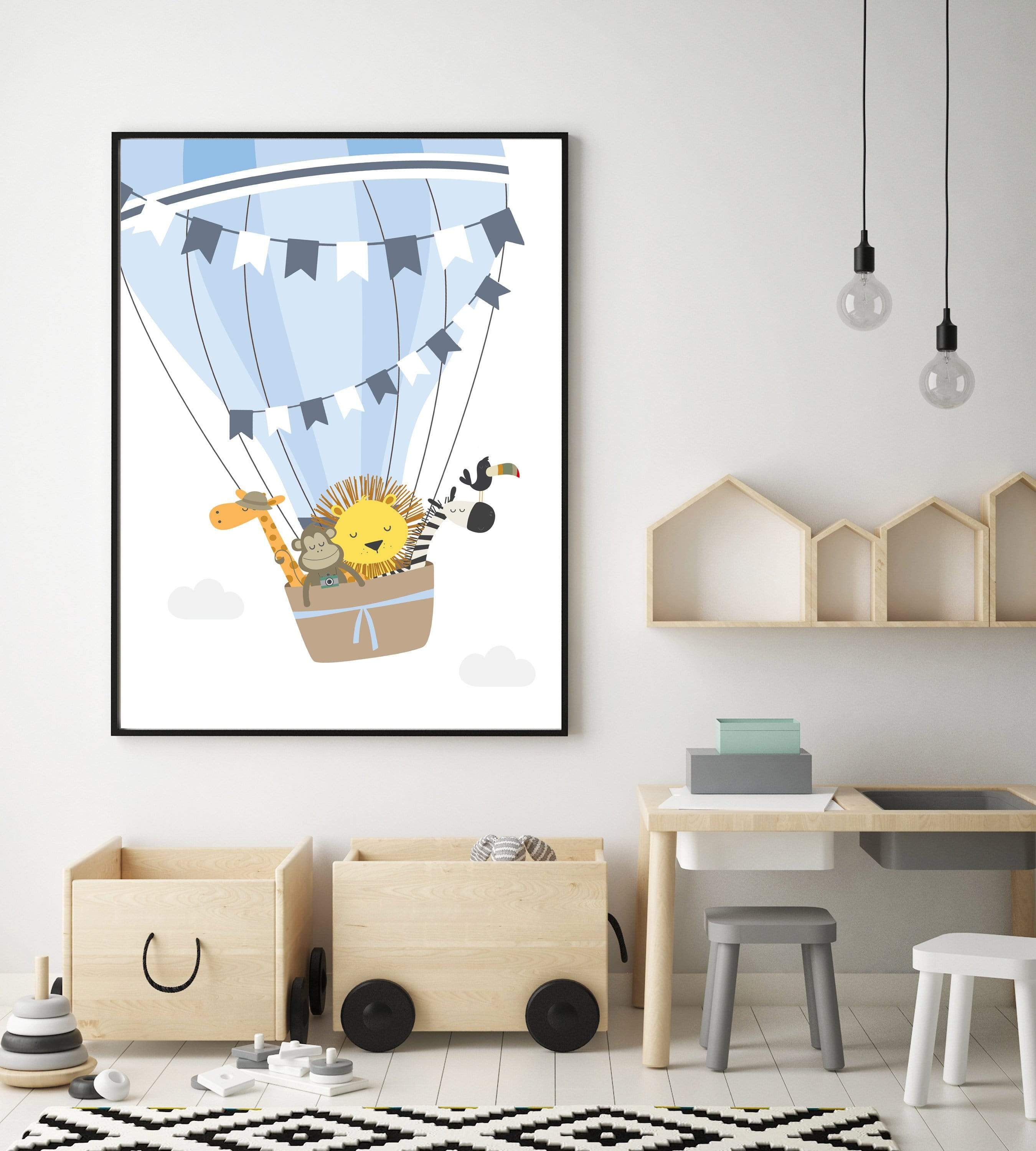 Safari Animals in a Hot air balloon nursery art print baby nursery bedroom decor