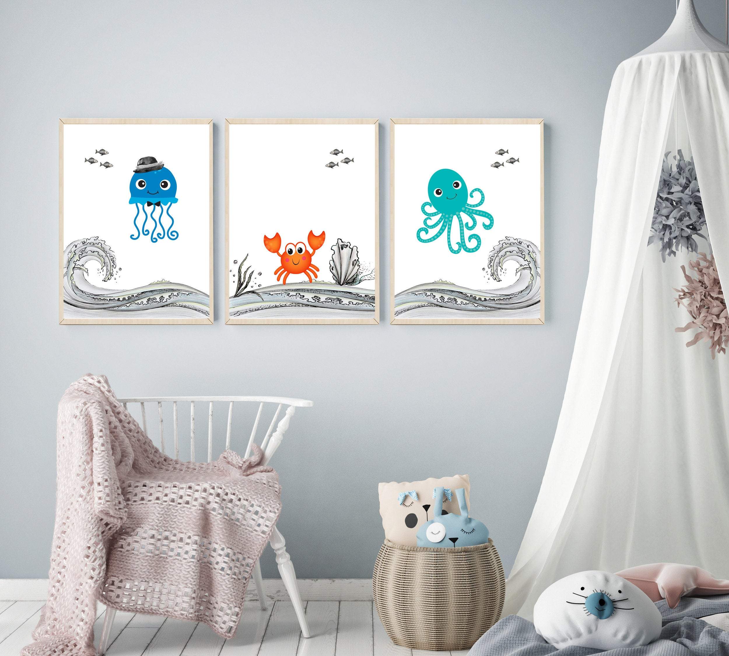 Sea creatures nursery prints | Set of 3 Ocean animal prints nursery art print baby nursery bedroom decor