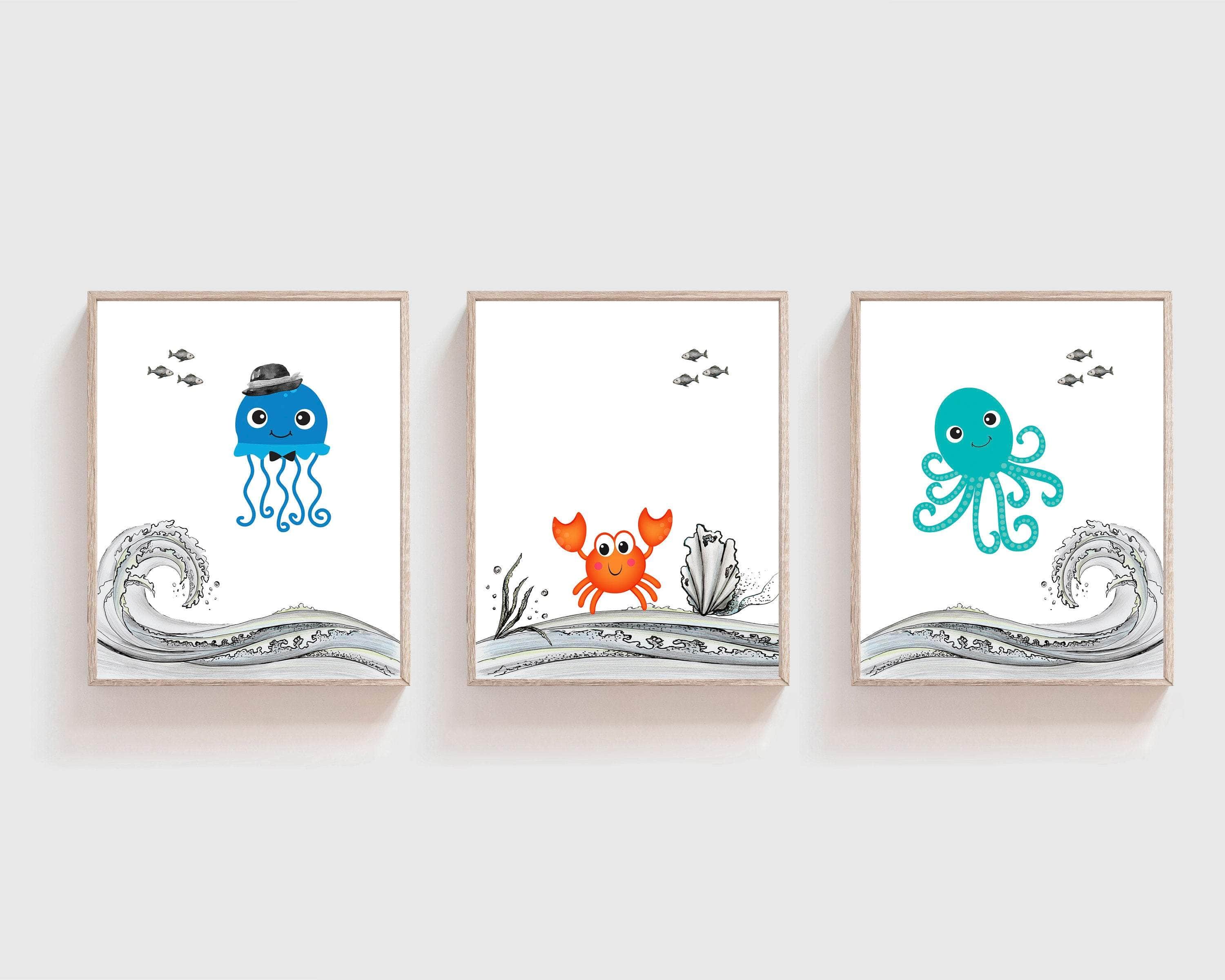 Sea creatures nursery prints | Set of 3 Ocean animal prints nursery art print baby nursery bedroom decor