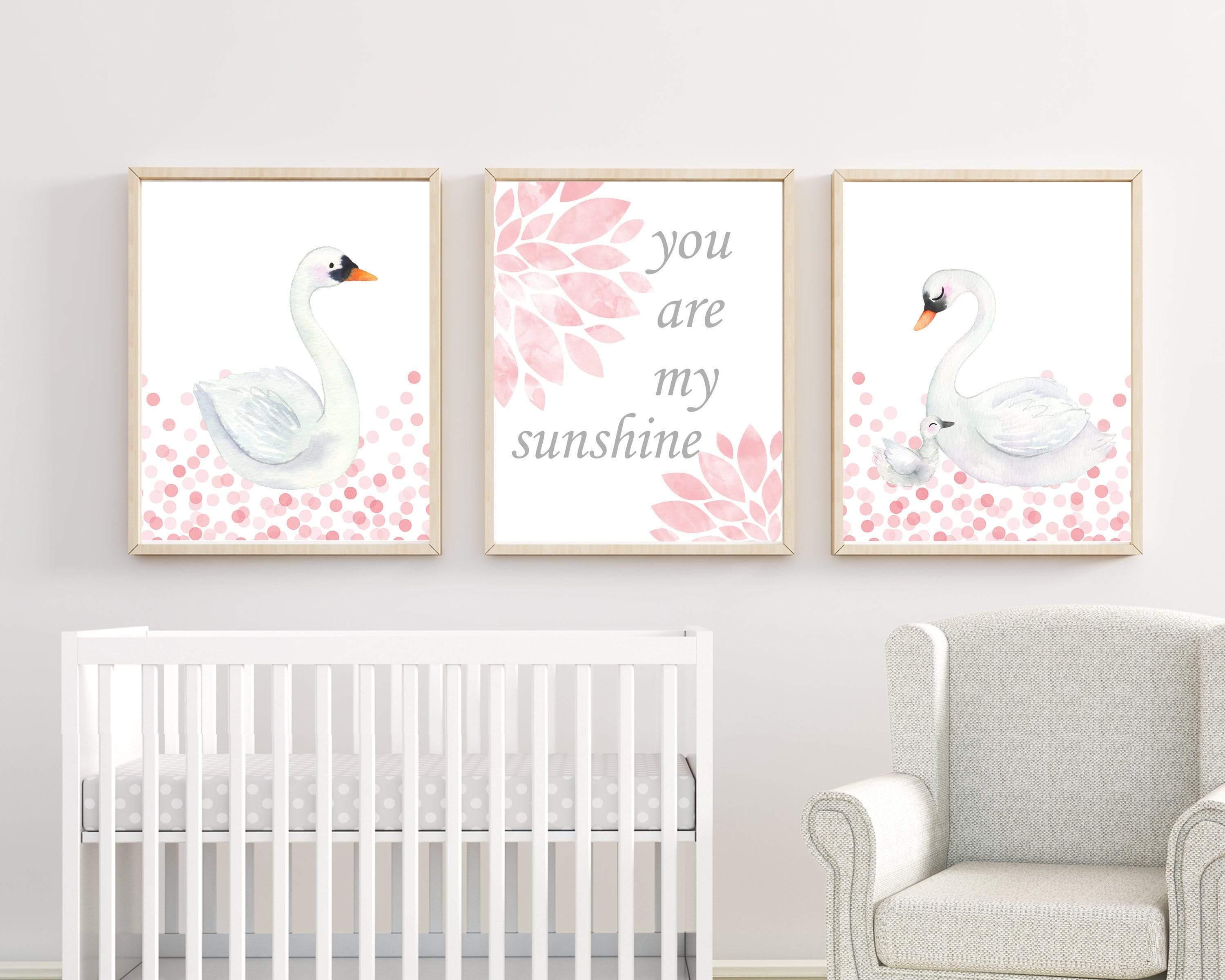 Swan Wall Art Print Set, Baby Girl Nursery Decor, Suits Pink and White Nursery, Girls Bedroom Wall Art, Set of 3 prints, Unframed - H576 nursery art print baby nursery bedroom decor