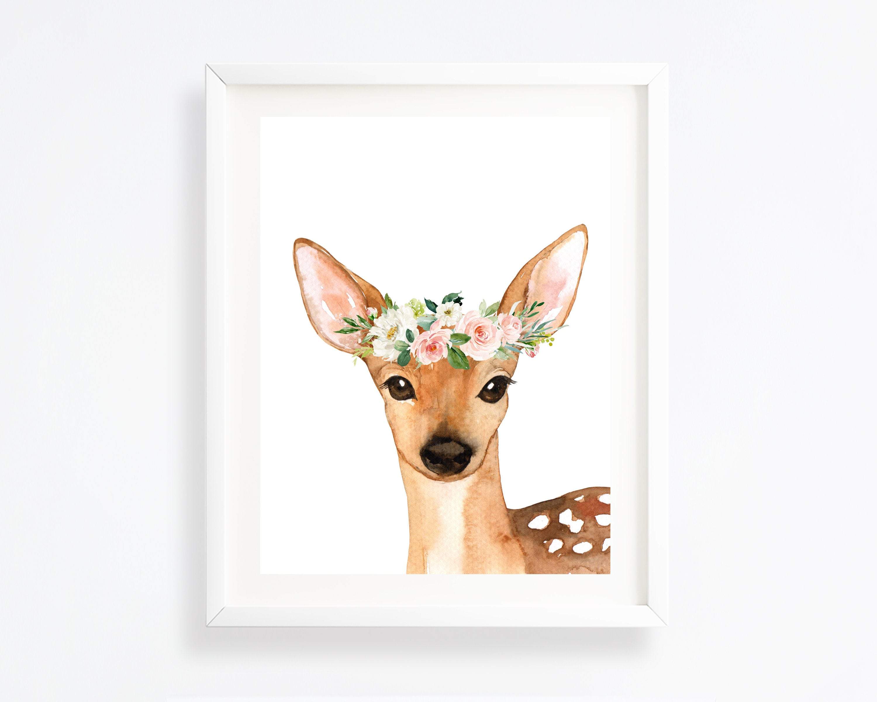 Woodland art print - Woodland animal prints - Deer wall art - Blush pink flowers - Forest wall art - Girls woodland nursery print - H1698 nursery art print baby nursery bedroom decor