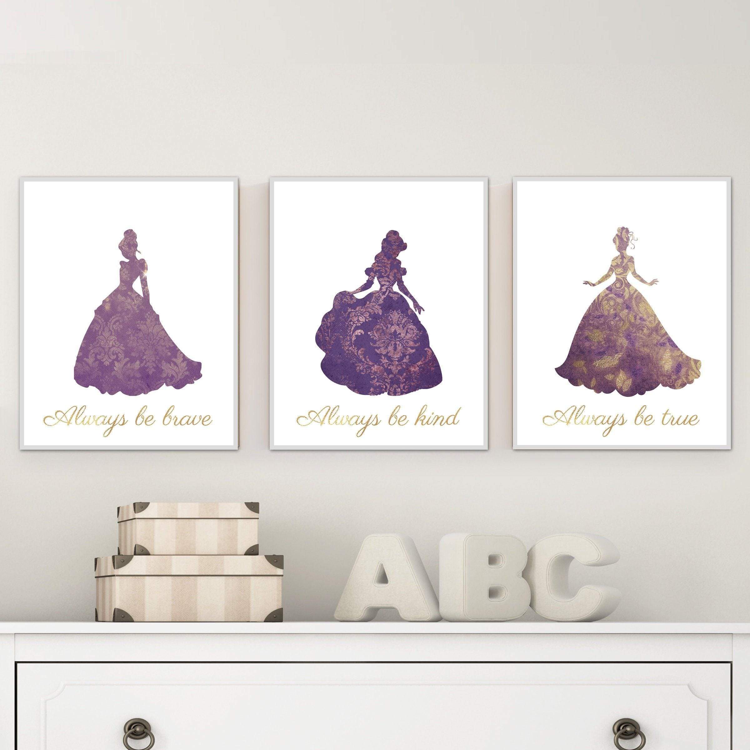 Princess wall decor - Princess print set - Purple girls wall art - Watercolor princess prints - Girls bedroom wall art - Prints for girls nursery art print baby nursery bedroom decor