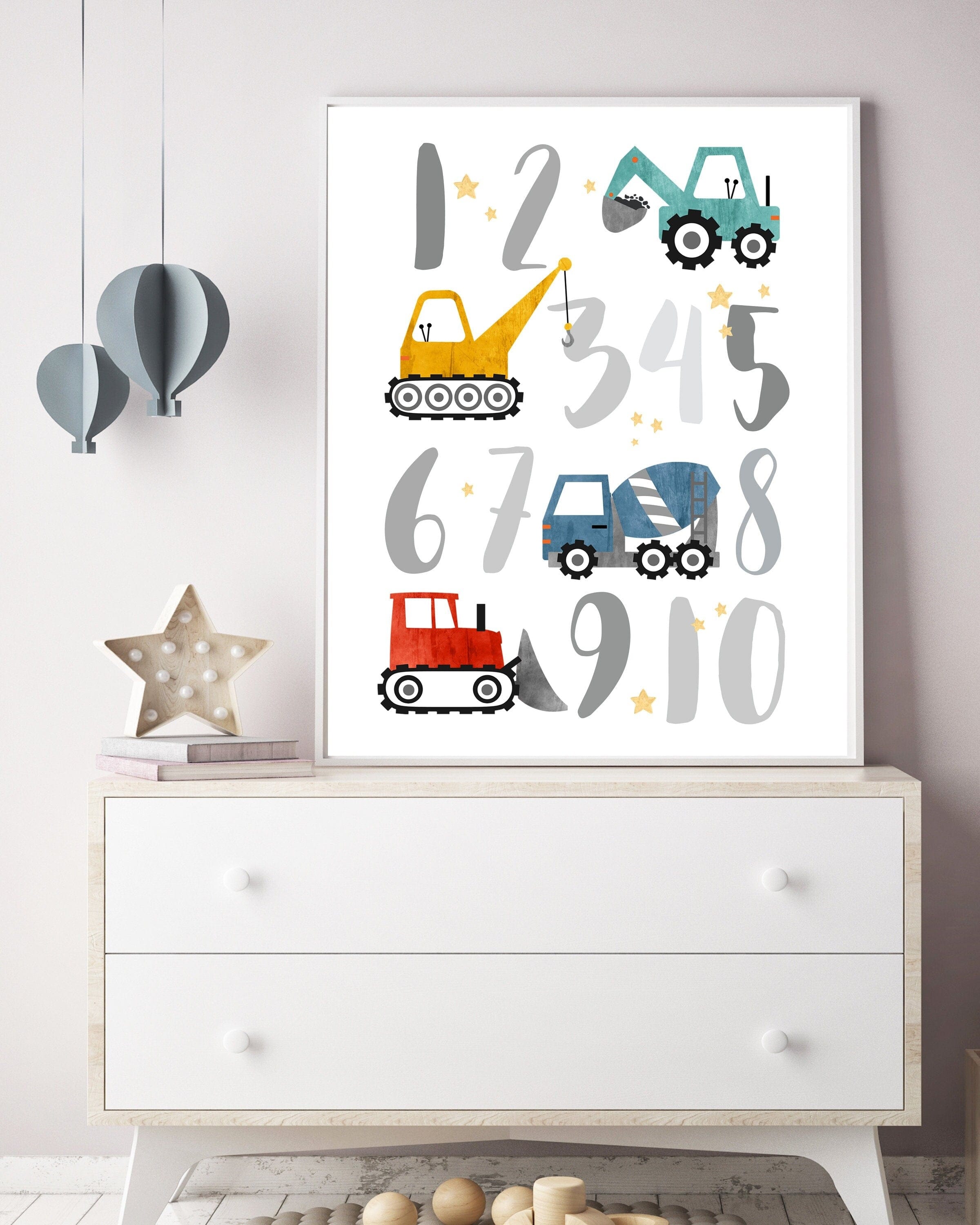 nursery art print baby nursery bedroom decor Truck Numbers - Construction truck art prints - Baby boy nursery - Numbers poster - Construction nursery - Nursery wall art - DIGITAL