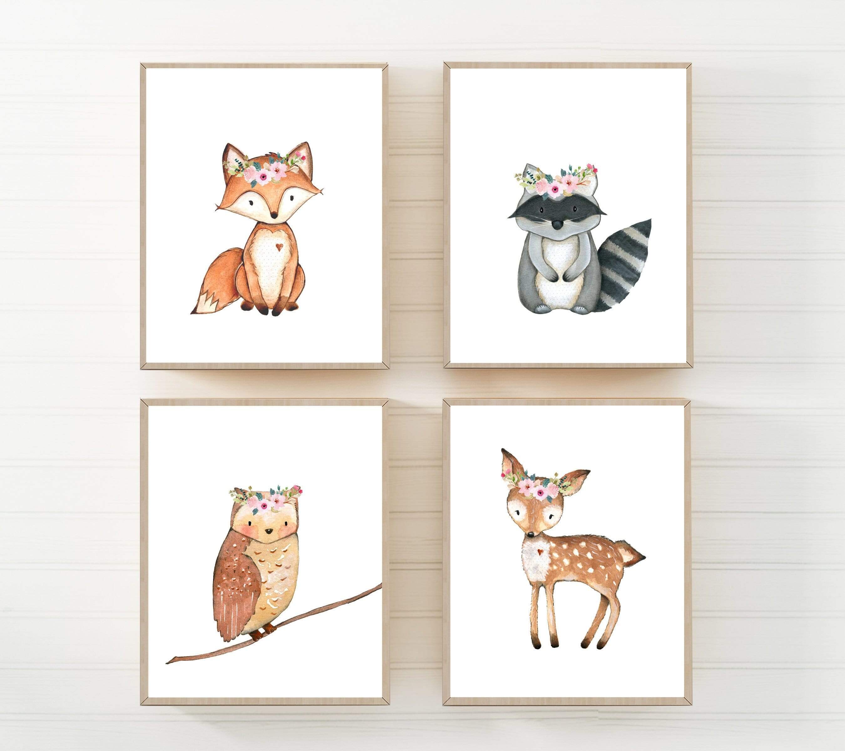 nursery art print baby nursery bedroom decor Woodland animal prints - Woodland creatures - Printable nursery - Set of 4 wall art - Nursery printables - Girls nursery decor - Fox Raccoon