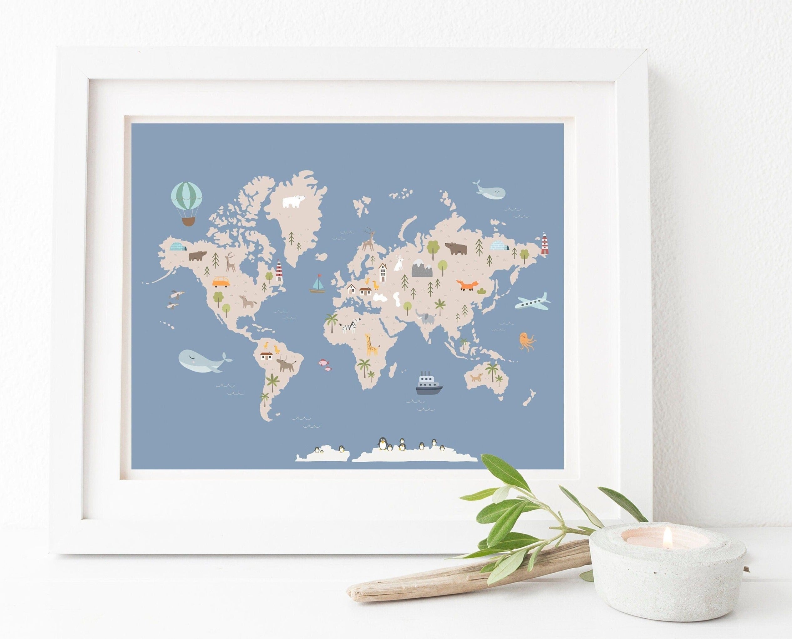 nursery art print baby nursery bedroom decor World map for kids - Blue map - Boys room decor - World map wall art - Baby boy nursery decor - Animal world map - Printable world map