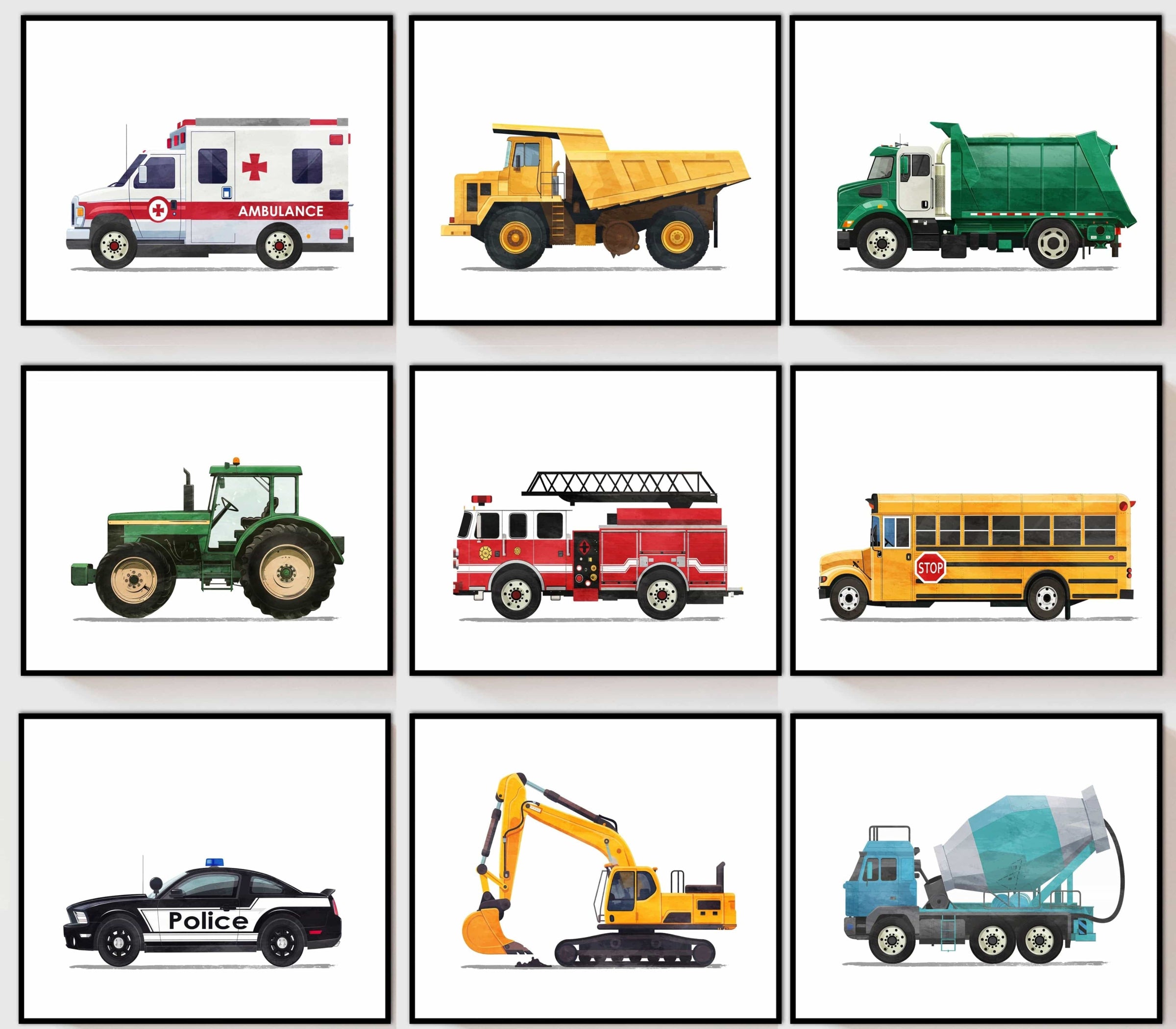 Set of framed illustrations of various vehicles including an ambulance, dump truck, garbage truck, tractor, fire truck, school bus, police car, excavator, and cement mixer on a white wall.
