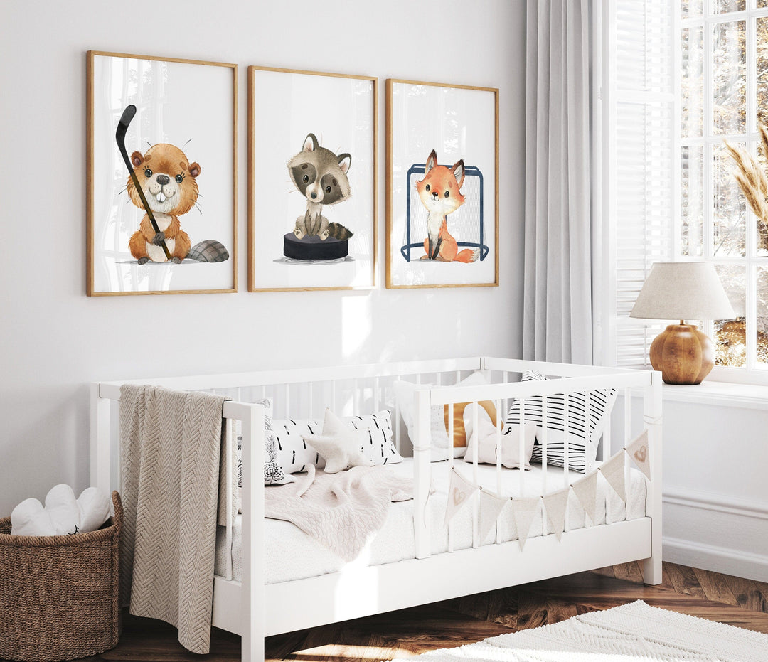 nursery art print baby nursery bedroom decor Animal sports nursery - Hockey nursery decor - Woodland Animal prints - Hockey Wall Art - H2933