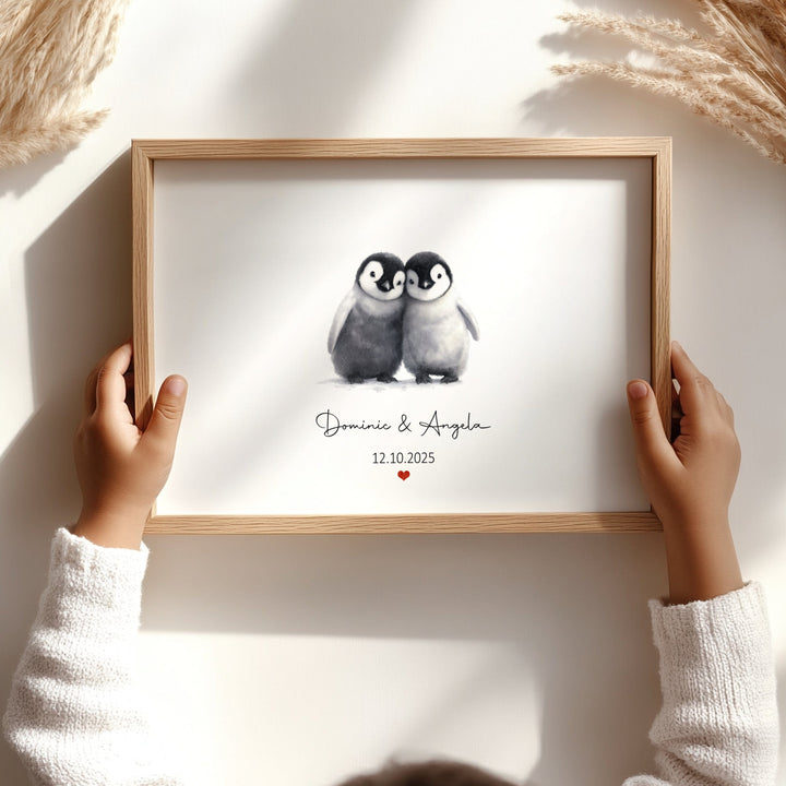 nursery art print baby nursery bedroom decor Personalized Penguin Couple Print - Custom Names & Date Gift - Cute Animal Wall Art - Anniversary Digital or Printed Artwork - H3541