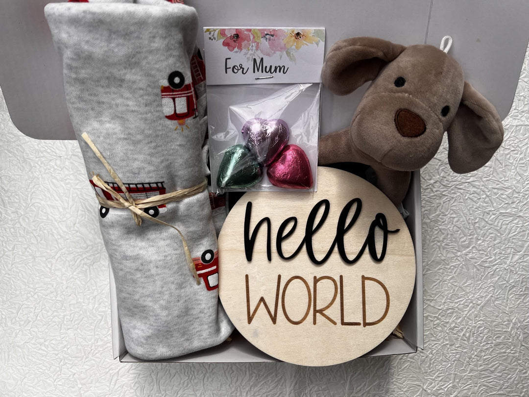 nursery art print baby nursery bedroom decor Baby Boy Gift Box – Firetruck Swaddle, Puppy Plush, Hello World Plaque & Mum Treats – Newborn Boy Hamper, Baby Shower Gift - Box 17