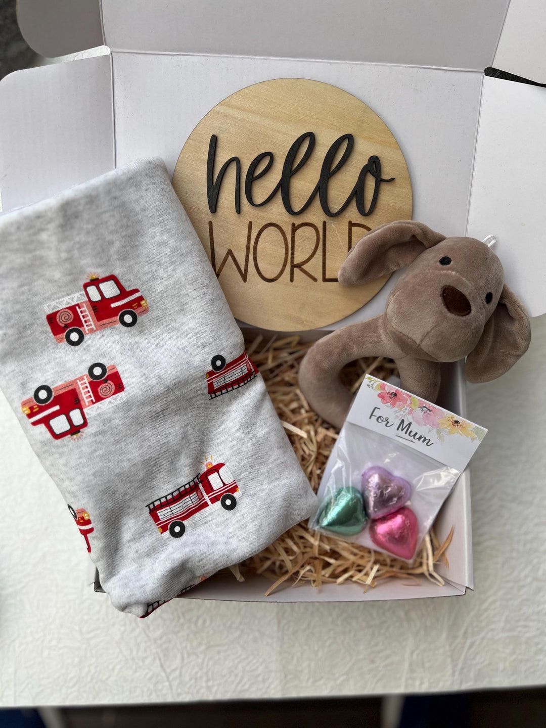 nursery art print baby nursery bedroom decor Baby Boy Gift Box – Firetruck Swaddle, Puppy Plush, Hello World Plaque & Mum Treats – Newborn Boy Hamper, Baby Shower Gift - Box 17