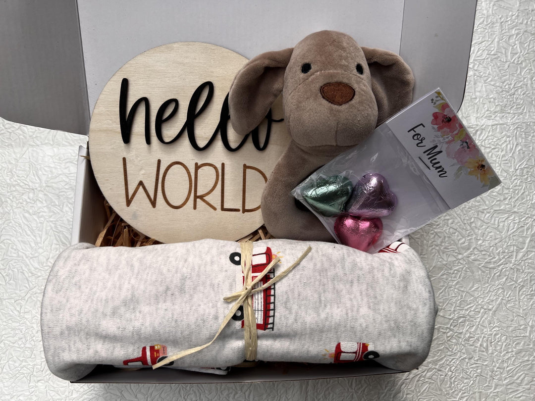 nursery art print baby nursery bedroom decor Baby Boy Gift Box – Firetruck Swaddle, Puppy Plush, Hello World Plaque & Mum Treats – Newborn Boy Hamper, Baby Shower Gift - Box 17