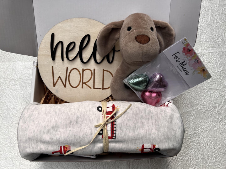 nursery art print baby nursery bedroom decor Baby Boy Gift Box – Firetruck Swaddle, Puppy Plush, Hello World Plaque & Mum Treats – Newborn Boy Hamper, Baby Shower Gift - Box 17