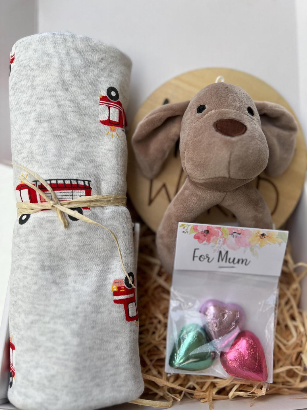 nursery art print baby nursery bedroom decor Baby Boy Gift Box – Firetruck Swaddle, Puppy Plush, Hello World Plaque & Mum Treats – Newborn Boy Hamper, Baby Shower Gift - Box 17