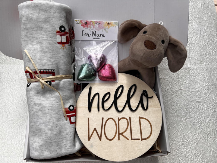 nursery art print baby nursery bedroom decor Baby Boy Gift Box – Firetruck Swaddle, Puppy Plush, Hello World Plaque & Mum Treats – Newborn Boy Hamper, Baby Shower Gift - Box 17
