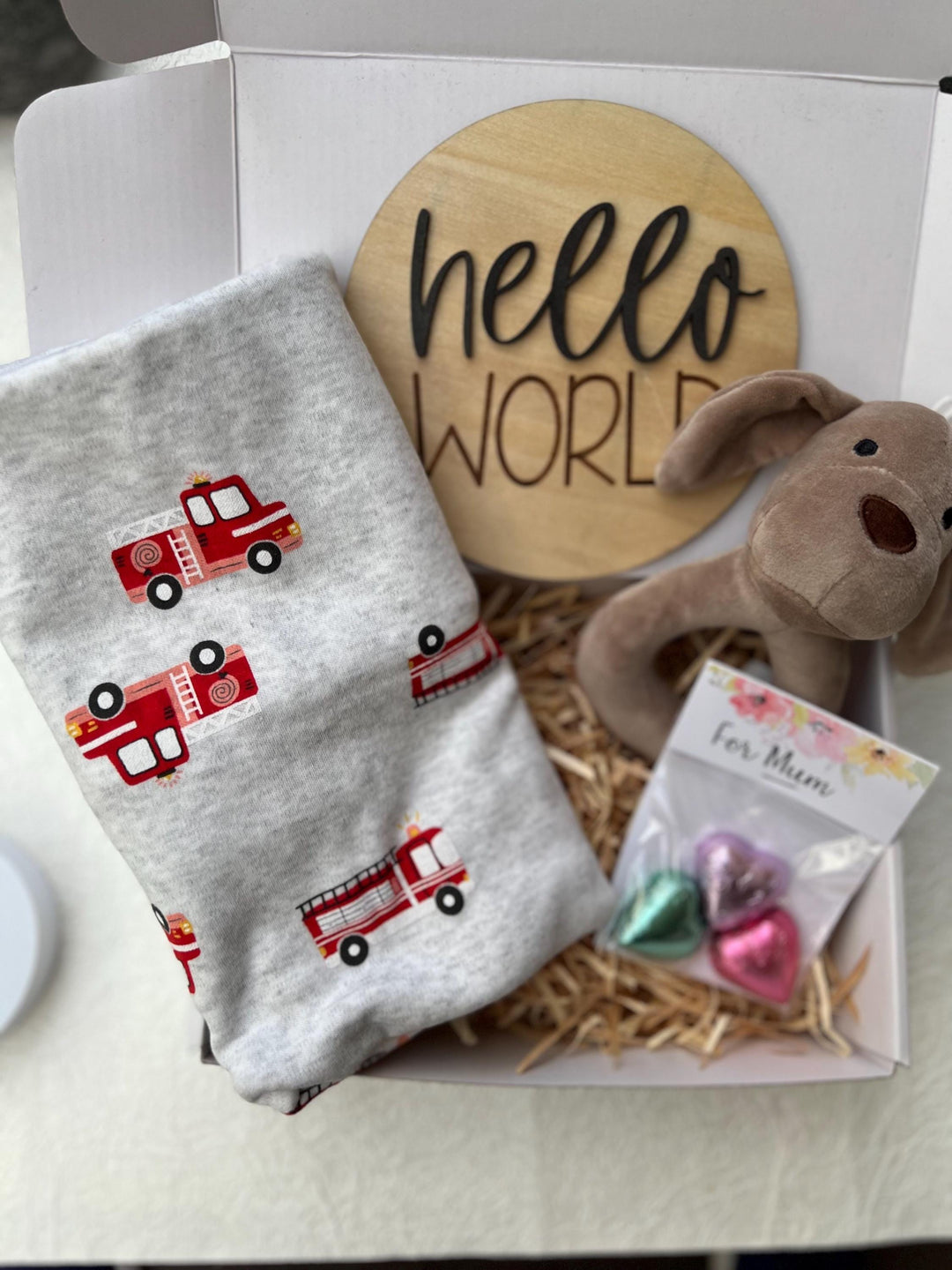 nursery art print baby nursery bedroom decor Baby Boy Gift Box – Firetruck Swaddle, Puppy Plush, Hello World Plaque & Mum Treats – Newborn Boy Hamper, Baby Shower Gift - Box 17