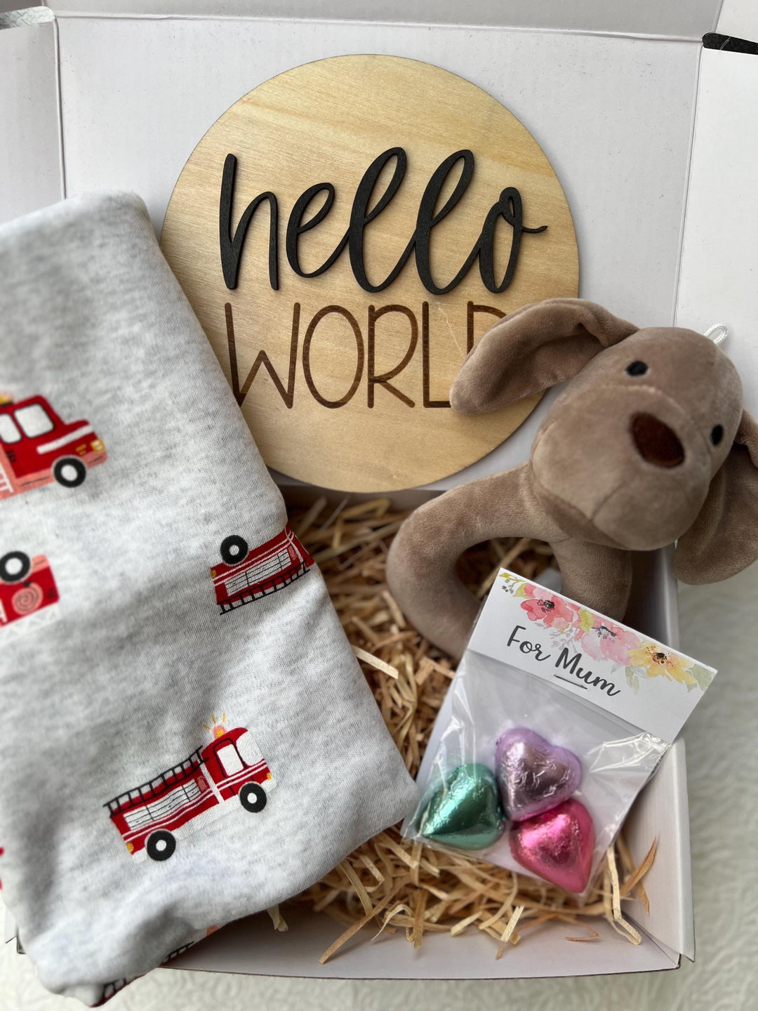 nursery art print baby nursery bedroom decor Baby Boy Gift Box – Firetruck Swaddle, Puppy Plush, Hello World Plaque & Mum Treats – Newborn Boy Hamper, Baby Shower Gift - Box 17