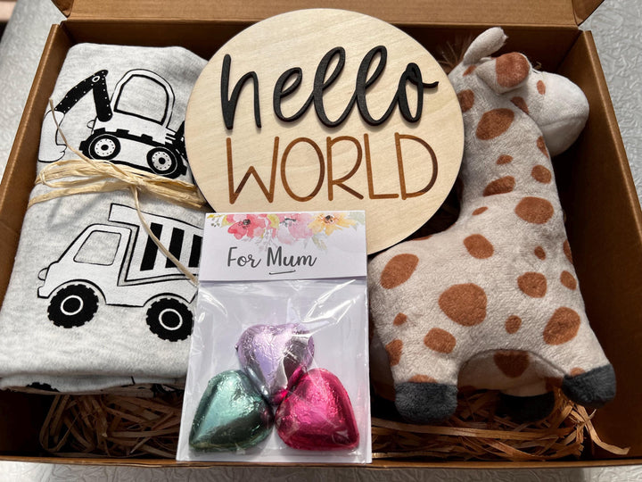nursery art print baby nursery bedroom decor Baby Boy Gift Box – Giraffe Plush, Construction Swaddle, Hello World Plaque & Mum Treats – Newborn Boy Hamper, Baby Shower Gift - Box 16