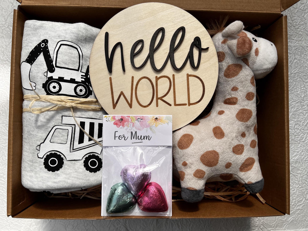 nursery art print baby nursery bedroom decor Baby Boy Gift Box – Giraffe Plush, Construction Swaddle, Hello World Plaque & Mum Treats – Newborn Boy Hamper, Baby Shower Gift - Box 16