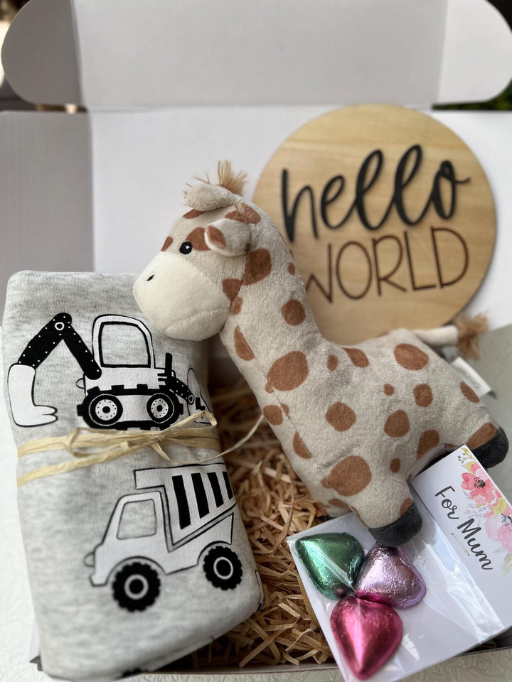 nursery art print baby nursery bedroom decor Baby Boy Gift Box – Giraffe Plush, Construction Swaddle, Hello World Plaque & Mum Treats – Newborn Boy Hamper, Baby Shower Gift - Box 16