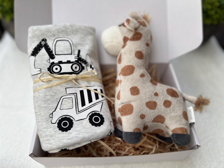 nursery art print baby nursery bedroom decor Baby Boy Gift Box – Giraffe Plush, Construction Swaddle, Hello World Plaque & Mum Treats – Newborn Boy Hamper, Baby Shower Gift - Box 16