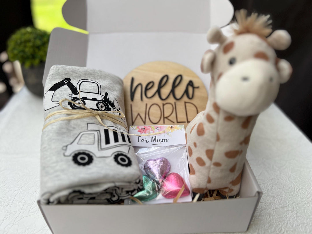 nursery art print baby nursery bedroom decor Baby Boy Gift Box – Giraffe Plush, Construction Swaddle, Hello World Plaque & Mum Treats – Newborn Boy Hamper, Baby Shower Gift - Box 16