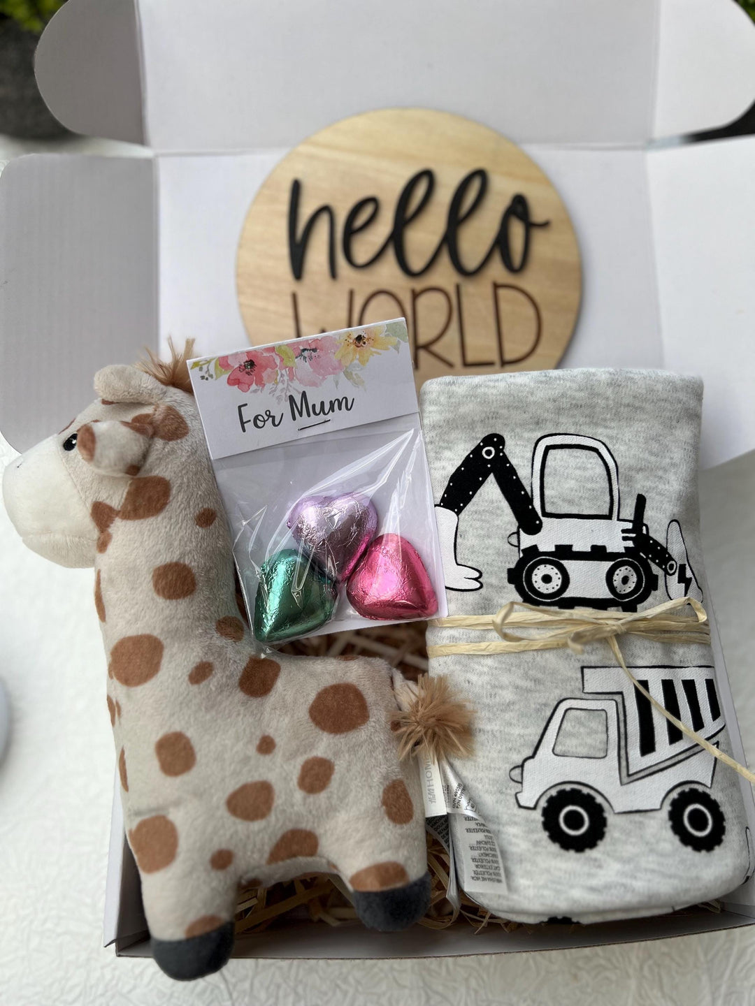 nursery art print baby nursery bedroom decor Baby Boy Gift Box – Giraffe Plush, Construction Swaddle, Hello World Plaque & Mum Treats – Newborn Boy Hamper, Baby Shower Gift - Box 16