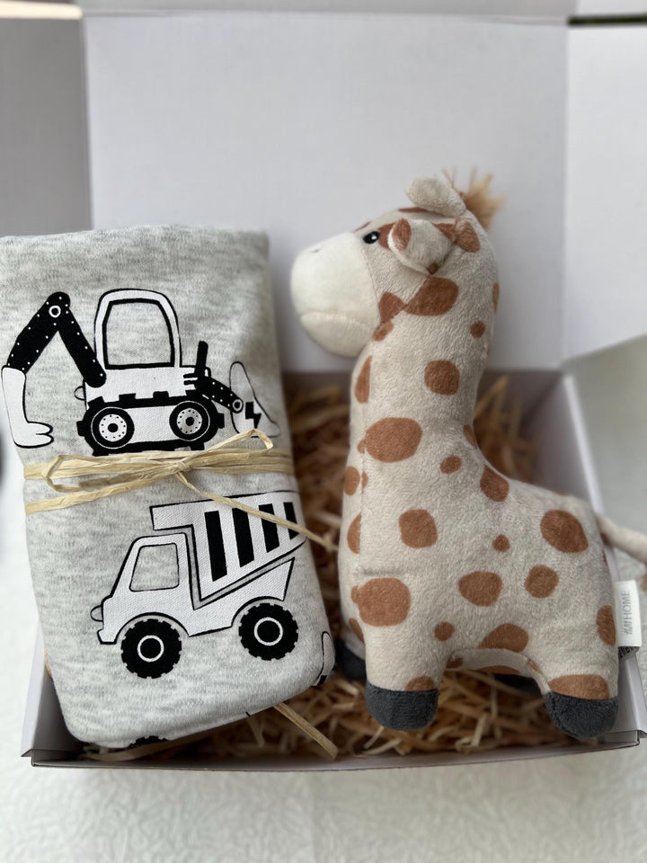 nursery art print baby nursery bedroom decor Baby Boy Gift Box – Giraffe Plush, Construction Swaddle, Hello World Plaque & Mum Treats – Newborn Boy Hamper, Baby Shower Gift - Box 16