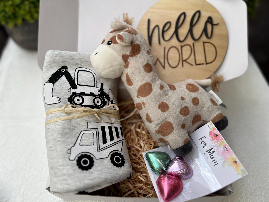 nursery art print baby nursery bedroom decor Baby Boy Gift Box – Giraffe Plush, Construction Swaddle, Hello World Plaque & Mum Treats – Newborn Boy Hamper, Baby Shower Gift - Box 16