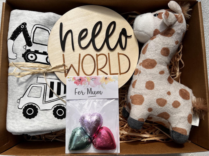 nursery art print baby nursery bedroom decor Baby Boy Gift Box – Giraffe Plush, Construction Swaddle, Hello World Plaque & Mum Treats – Newborn Boy Hamper, Baby Shower Gift - Box 16