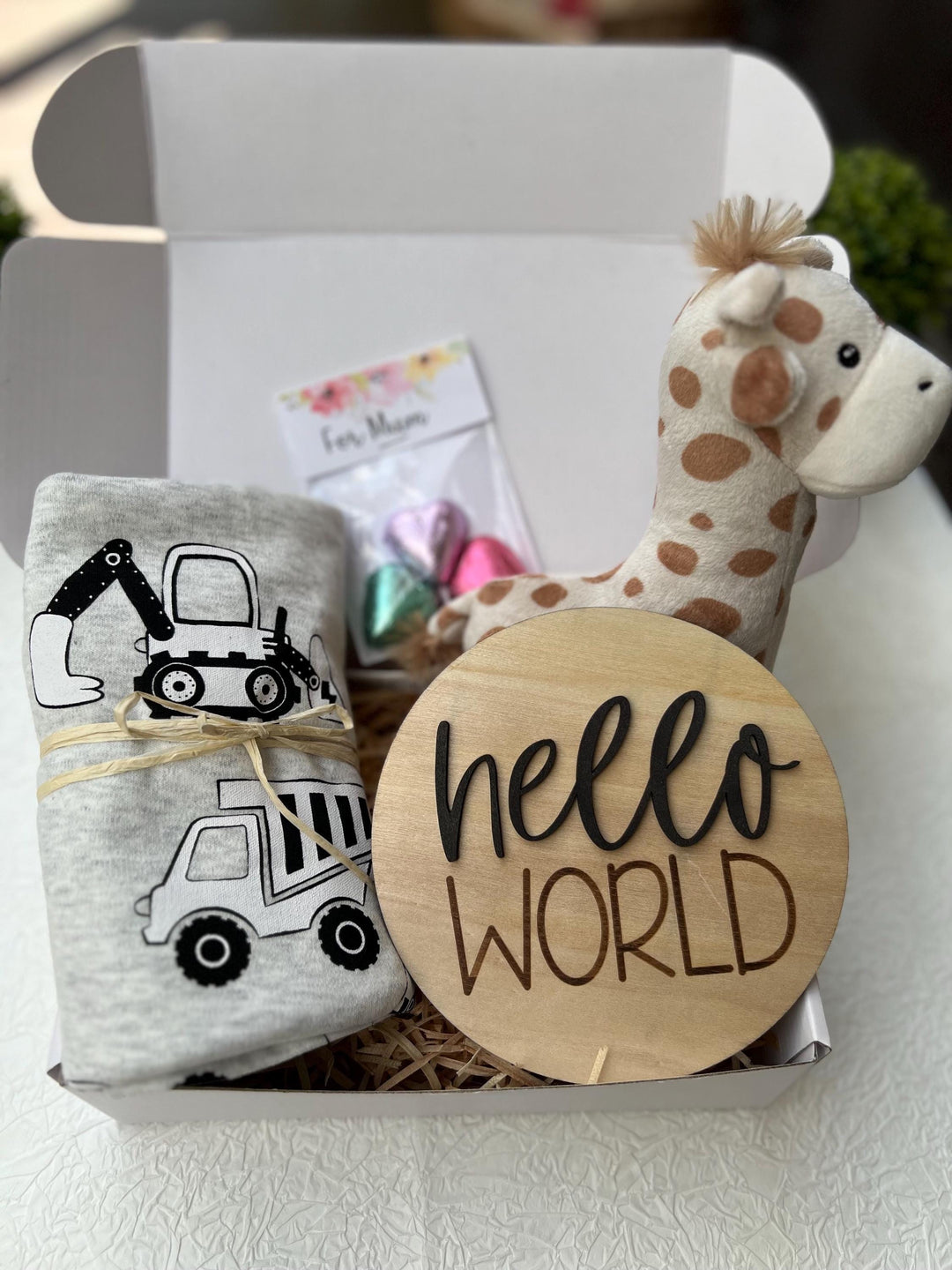 nursery art print baby nursery bedroom decor Baby Boy Gift Box – Giraffe Plush, Construction Swaddle, Hello World Plaque & Mum Treats – Newborn Boy Hamper, Baby Shower Gift - Box 16