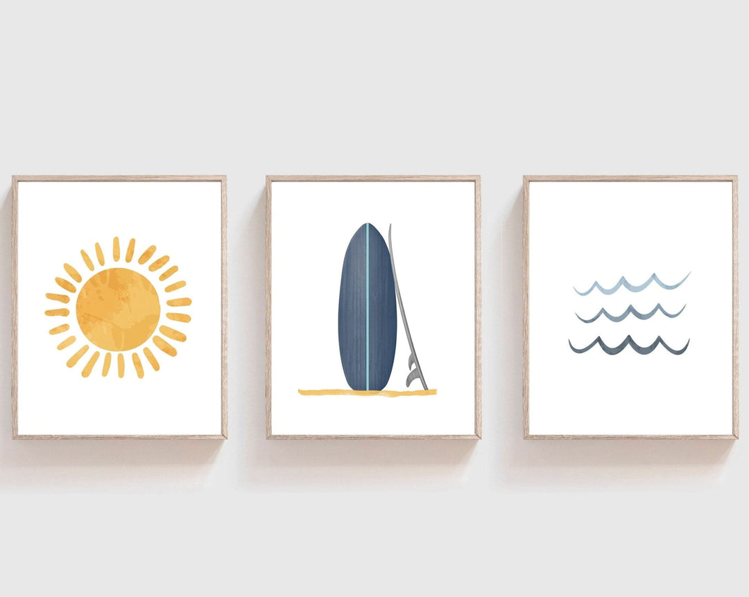 nursery art print baby nursery bedroom decor Boho surf, surfboard, beach print, Minimalist print, modern nursery, minimal nursery blue and yellow, wall print, Beach nursery - H3001