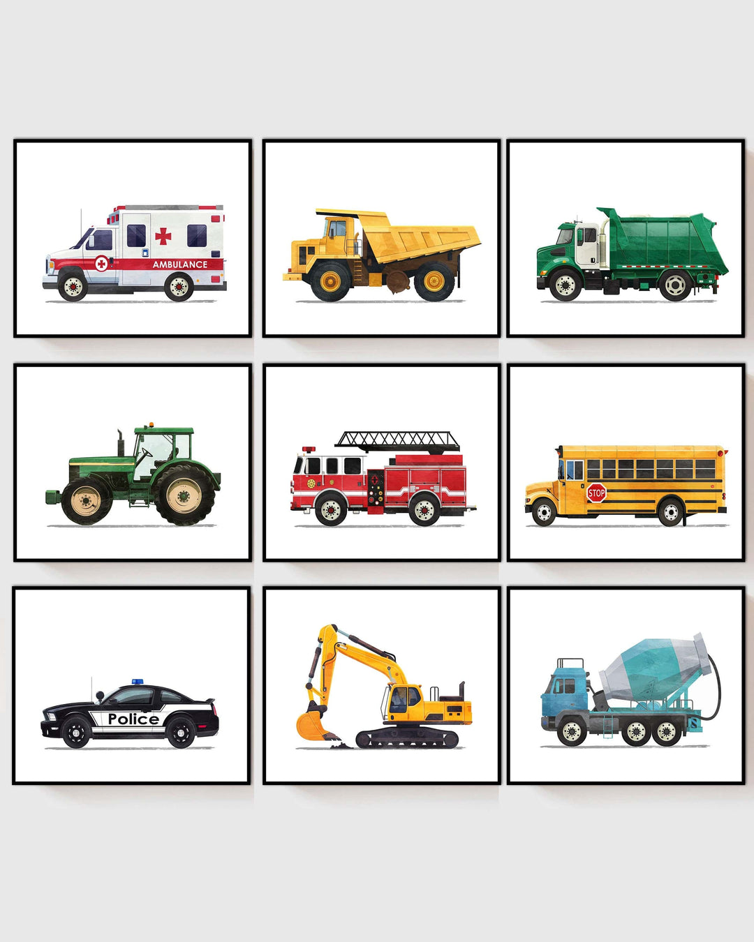 Illustrations of nine construction and transport vehicles including ambulance, dump truck, garbage truck, tractor, fire truck, school bus, police car, excavator, and cement mixer, arranged in a grid on white background.