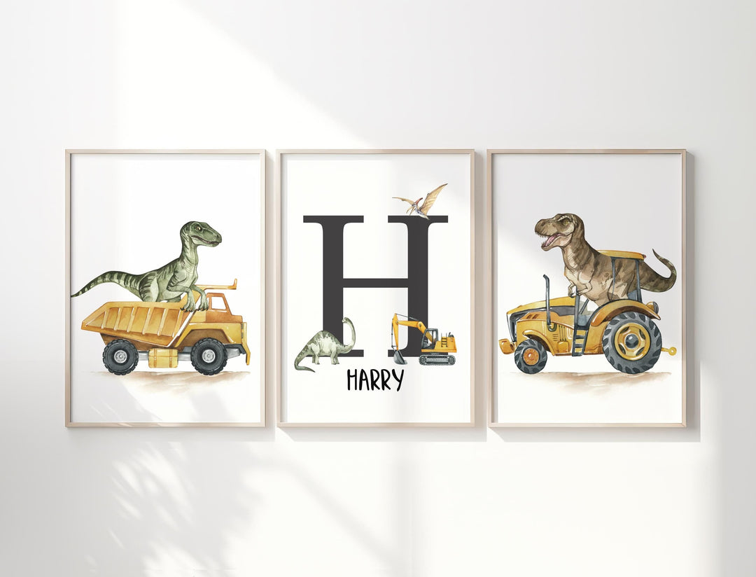 nursery art print baby nursery bedroom decor Custom Dinosaur Nursery Wall Art Poster,  Personalized Initial Name Kids Gift, Trucks Dinosaur Boys Room Decor, Instant Download, H3173