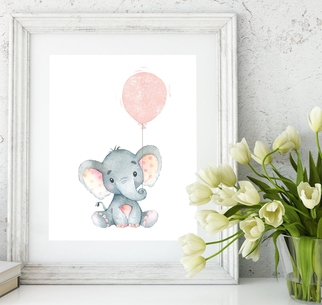 nursery art print baby nursery bedroom decor Elephant nursery wall art, Baby girl decor print, girls Jungle watercolor pink grey nursery -25 sizes Include - Instant Download -H1538