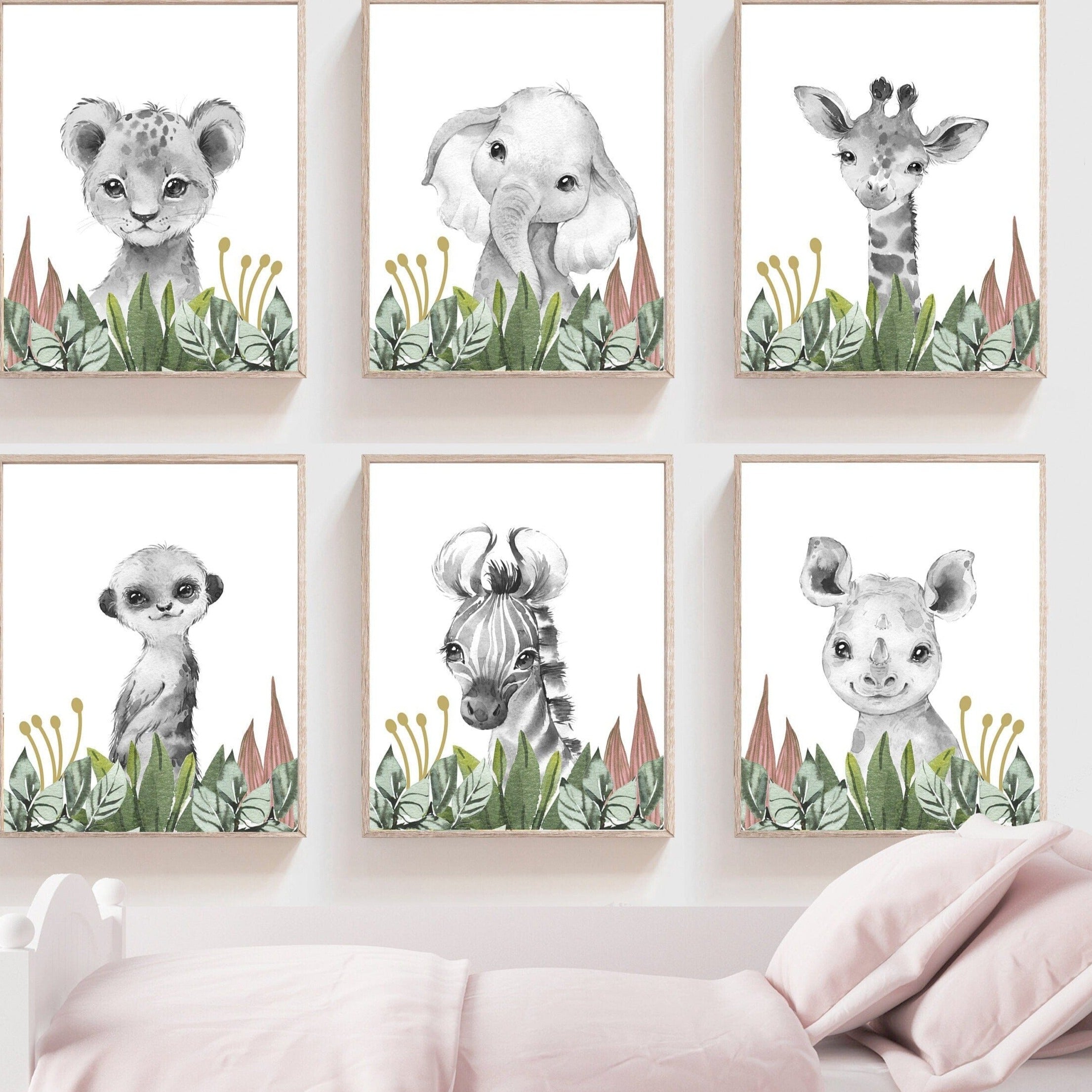 nursery art print baby nursery bedroom decor Girl safari nursery decor - Safari animals - Nursery animals - Baby animal art - Nursery wall art - Pink safari nursery - Girls nursery