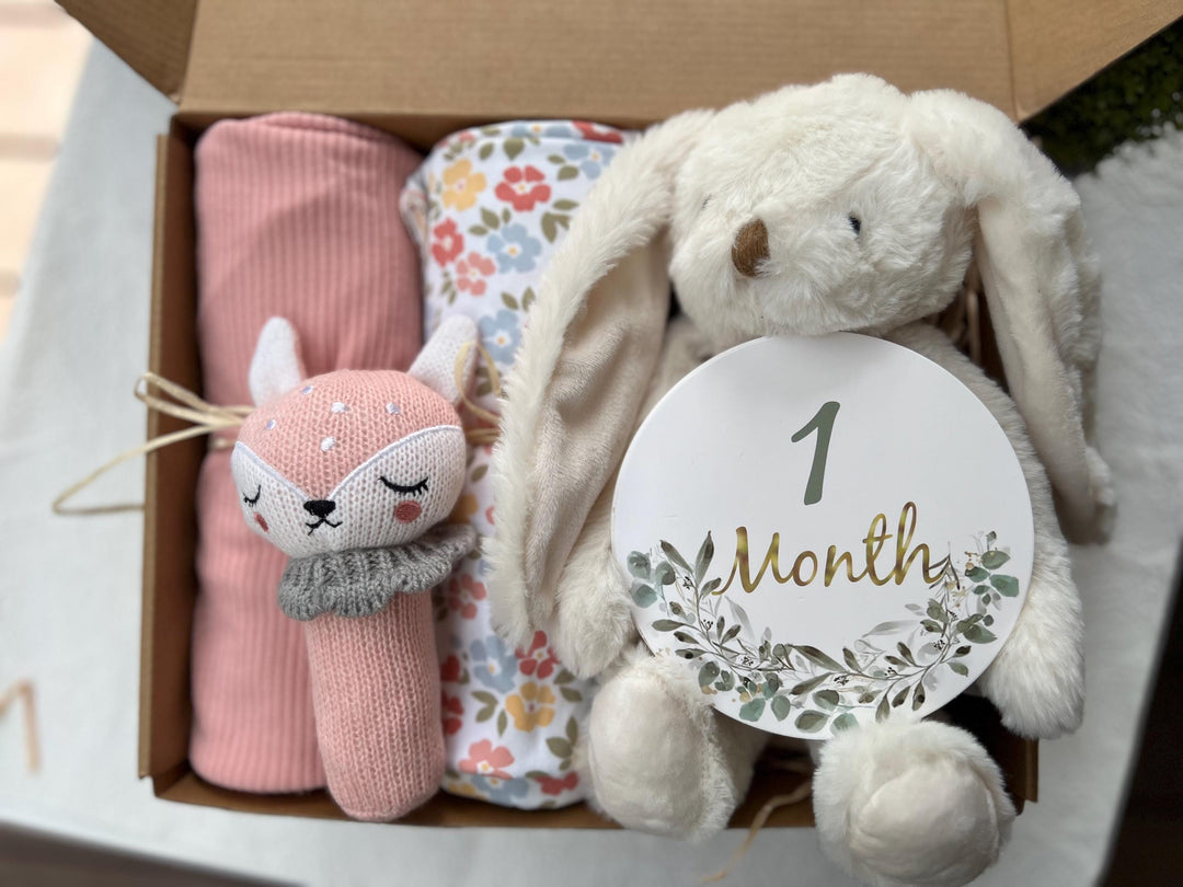 nursery art print baby nursery bedroom decor Newborn Baby Gift Box – 1 Month Milestone Plaque, Bunny Plush, Deer Rattle & Swaddles – Baby Shower Hamper, New Mum Gift, Box 6