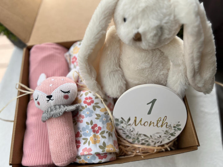 nursery art print baby nursery bedroom decor Newborn Baby Gift Box – 1 Month Milestone Plaque, Bunny Plush, Deer Rattle & Swaddles – Baby Shower Hamper, New Mum Gift, Box 6