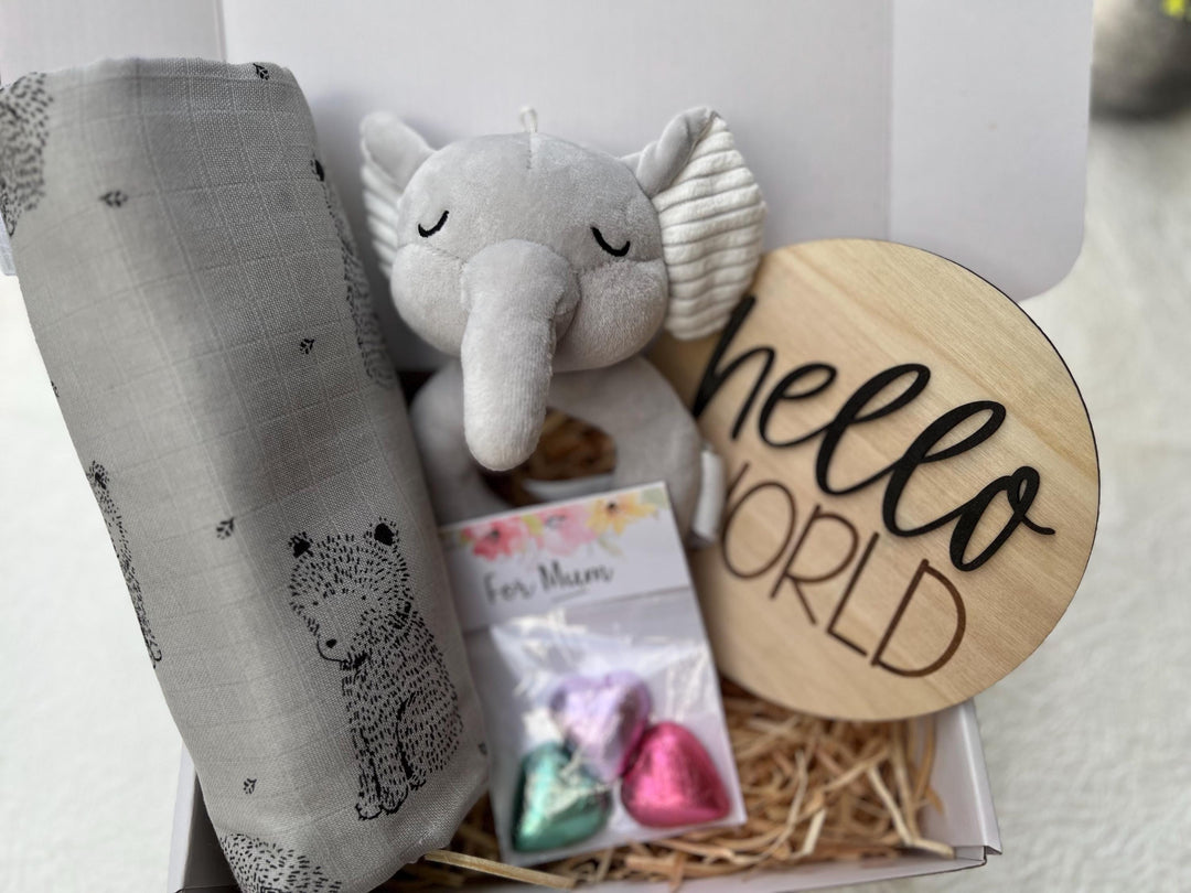nursery art print baby nursery bedroom decor Newborn Baby Gift Box – Elephant Plush Rattle, Bear Swaddle, Hello World Plaque & Mum Treats – Baby Shower Hamper, Neutral Baby Gift, Box 18
