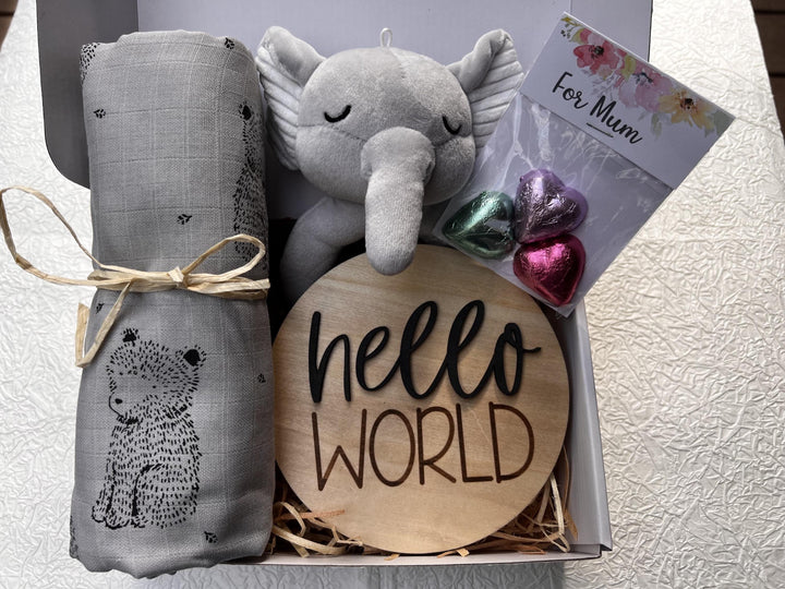 nursery art print baby nursery bedroom decor Newborn Baby Gift Box – Elephant Plush Rattle, Bear Swaddle, Hello World Plaque & Mum Treats – Baby Shower Hamper, Neutral Baby Gift, Box 18