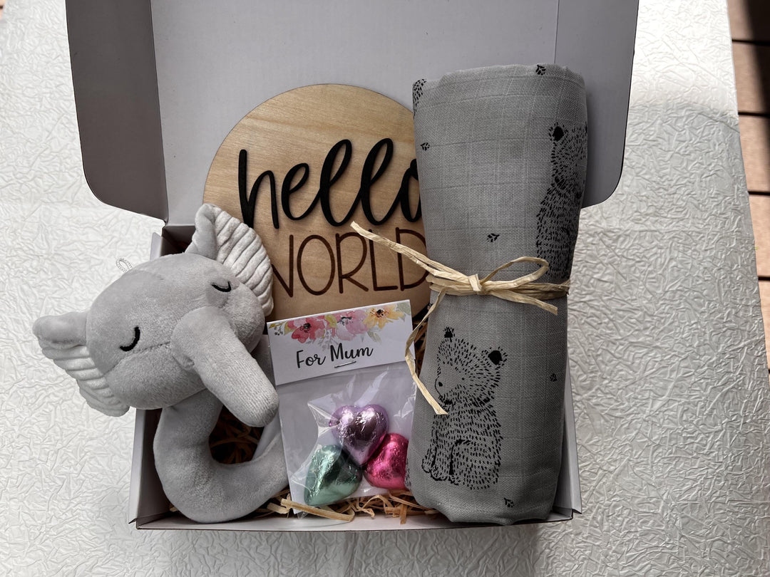 nursery art print baby nursery bedroom decor Newborn Baby Gift Box – Elephant Plush Rattle, Bear Swaddle, Hello World Plaque & Mum Treats – Baby Shower Hamper, Neutral Baby Gift, Box 18