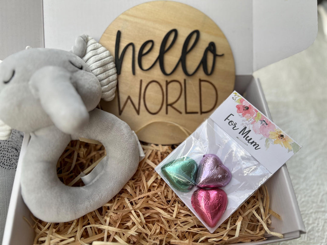 nursery art print baby nursery bedroom decor Newborn Baby Gift Box – Elephant Plush Rattle, Bear Swaddle, Hello World Plaque & Mum Treats – Baby Shower Hamper, Neutral Baby Gift, Box 18