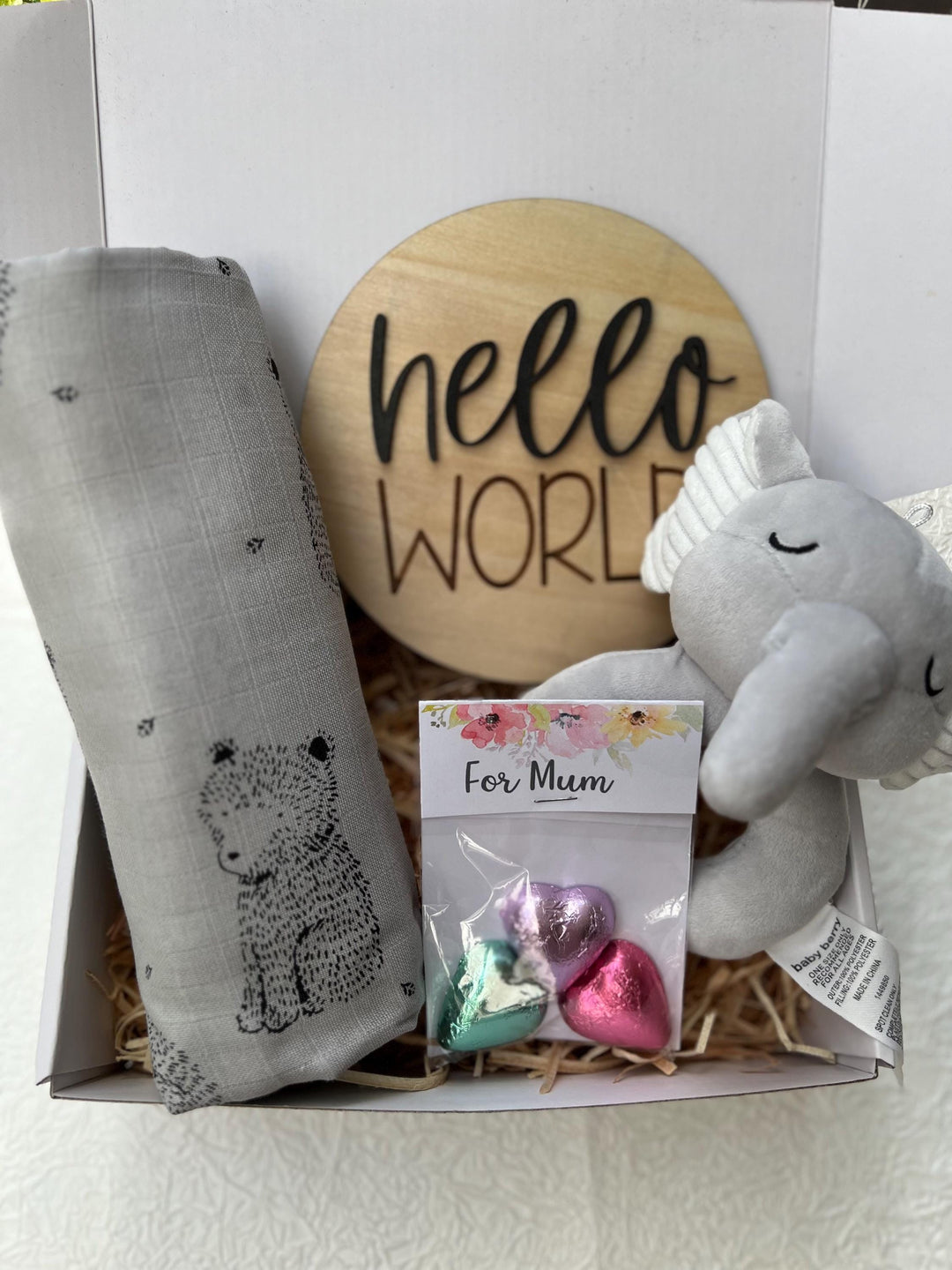 nursery art print baby nursery bedroom decor Newborn Baby Gift Box – Elephant Plush Rattle, Bear Swaddle, Hello World Plaque & Mum Treats – Baby Shower Hamper, Neutral Baby Gift, Box 18
