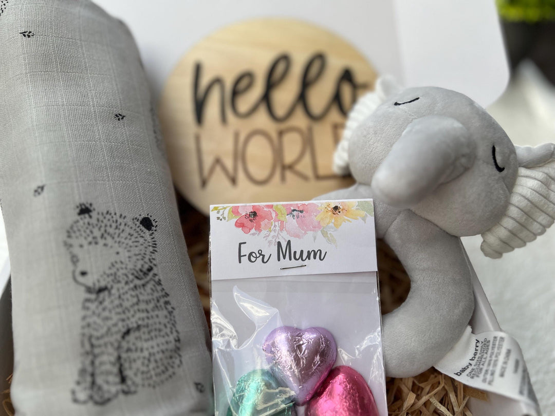 nursery art print baby nursery bedroom decor Newborn Baby Gift Box – Elephant Plush Rattle, Bear Swaddle, Hello World Plaque & Mum Treats – Baby Shower Hamper, Neutral Baby Gift, Box 18