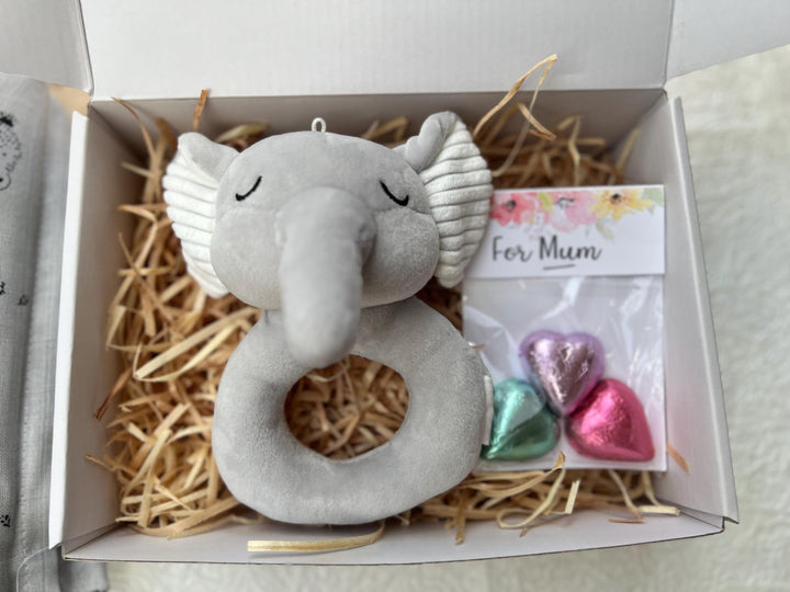 nursery art print baby nursery bedroom decor Newborn Baby Gift Box – Elephant Plush Rattle, Bear Swaddle, Hello World Plaque & Mum Treats – Baby Shower Hamper, Neutral Baby Gift, Box 18