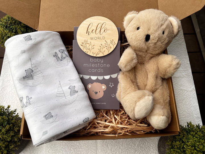 nursery art print baby nursery bedroom decor Newborn Baby Gift Box – Hello World Plaque, Milestone Cards, Teddy Bear Puppet & Swaddle – Baby Shower Hamper, New Mum Gift, Box 7